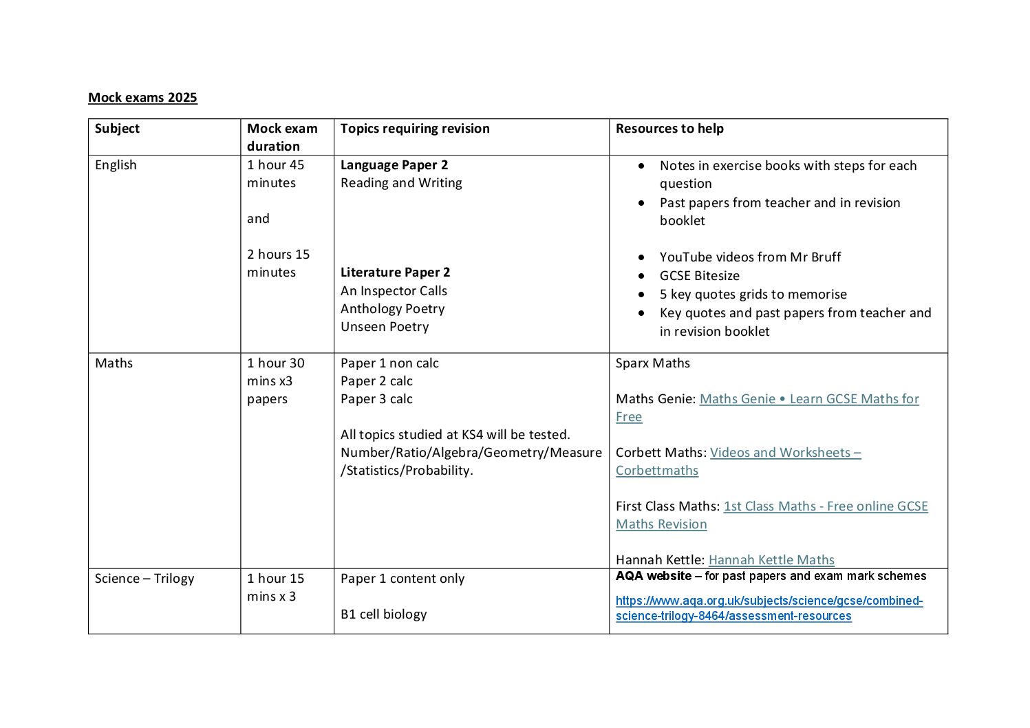 Y11 Mock Exams Info and Support (Dec 2025)