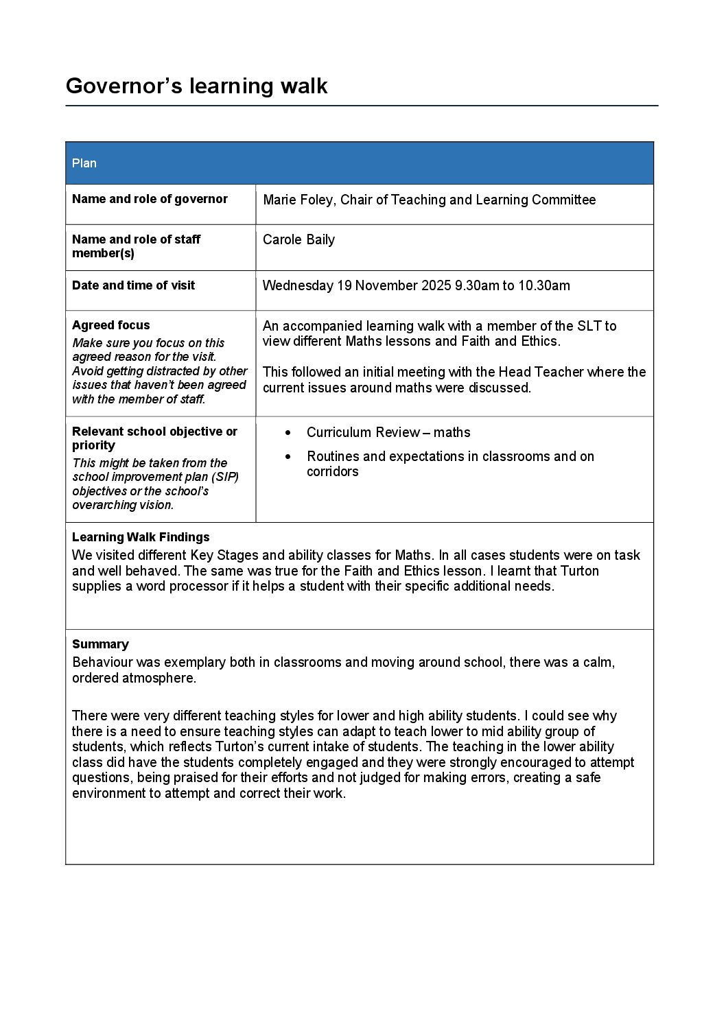Maths Learning Walk – 19th November 2025