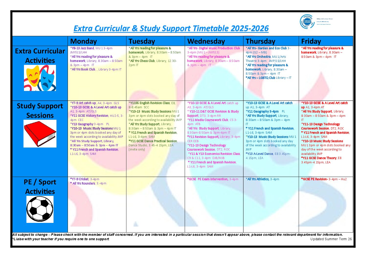 Summer Term Extra Curricular Study Support Calendar 25-26