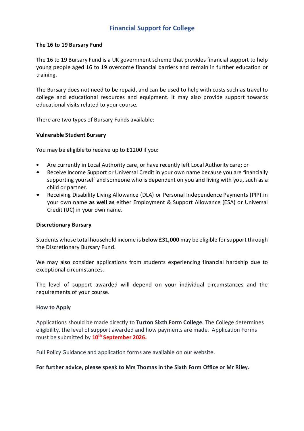 Financial support for college