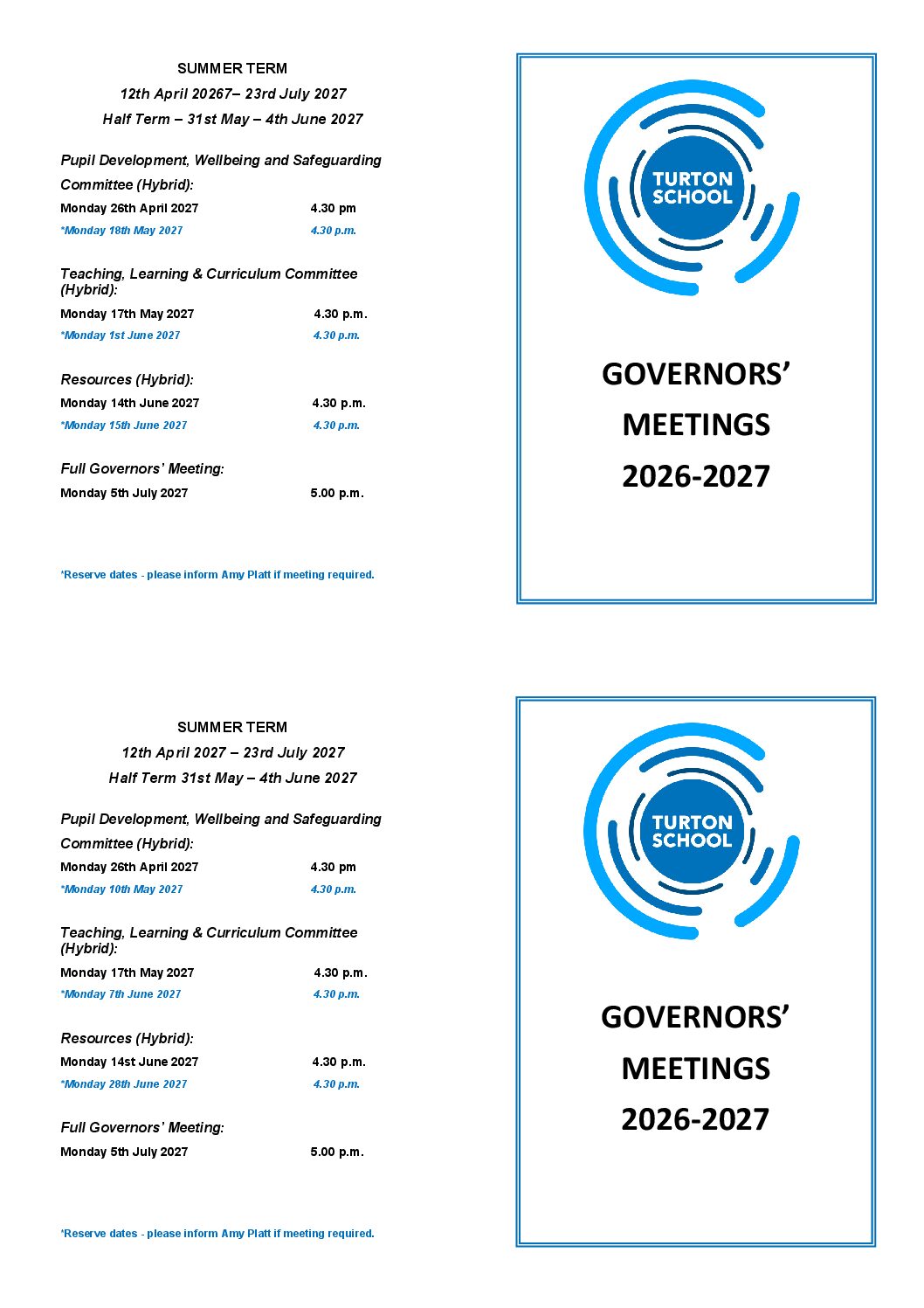 Governors’ Calendar template 2026-2027
