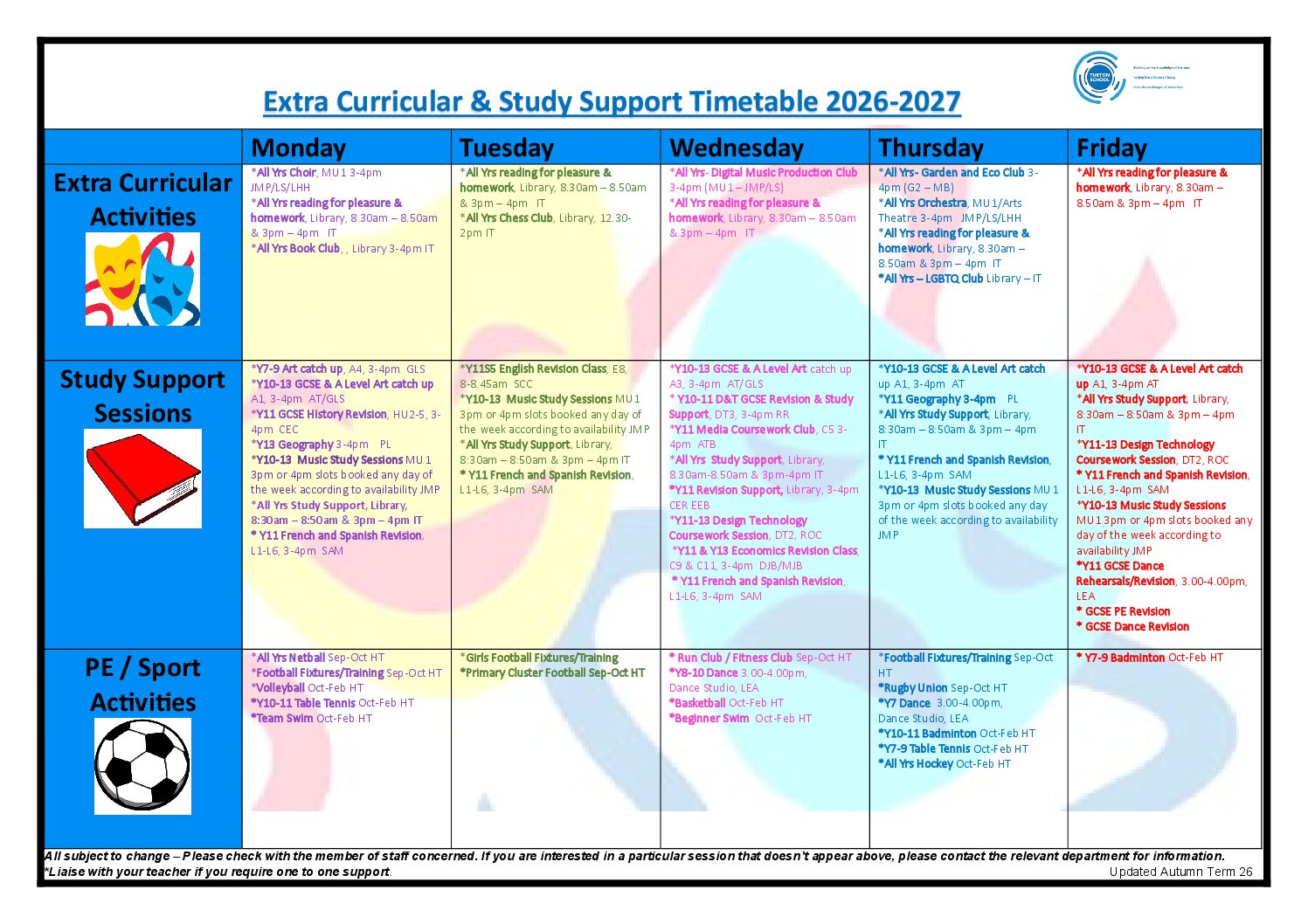 AUTUMN Term Extra Curricular Study Support Calendar 26-27